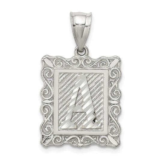 Sterling Silver Square Diamond-cut Letter A Initial Pendant QC2770A