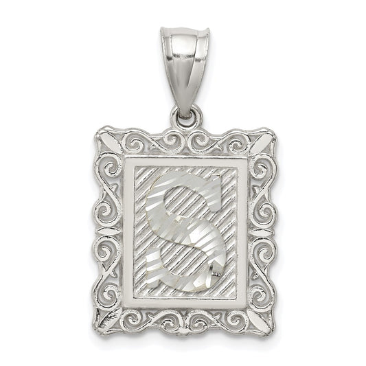 Sterling Silver Square Diamond-cut Letter S Initial Pendant QC2770S