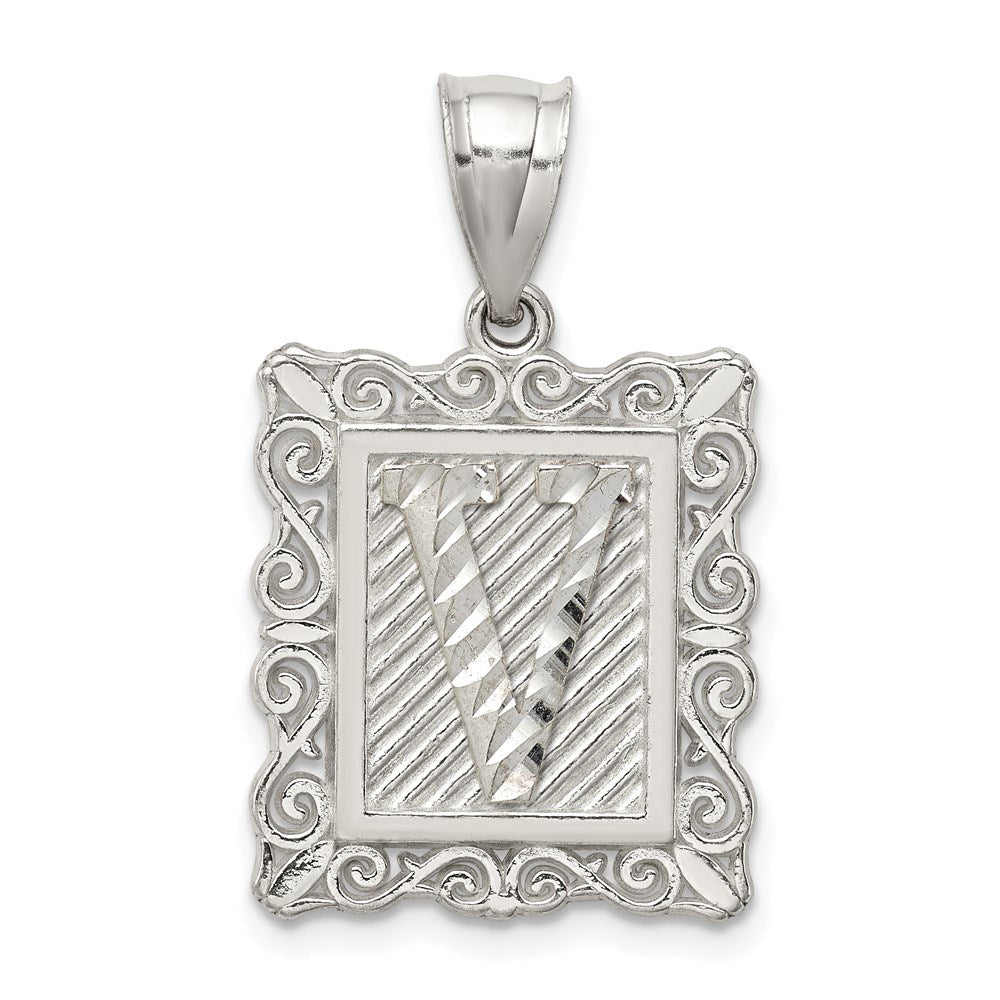 Sterling Silver Square Diamond-cut Letter V Initial Pendant QC2770V
