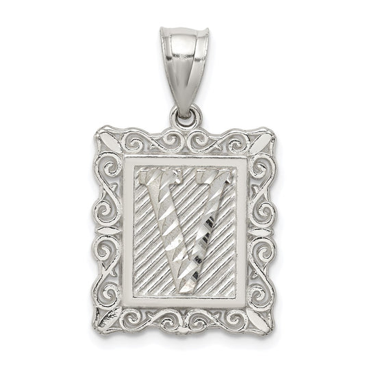 Sterling Silver Square Diamond-cut Letter V Initial Pendant QC2770V