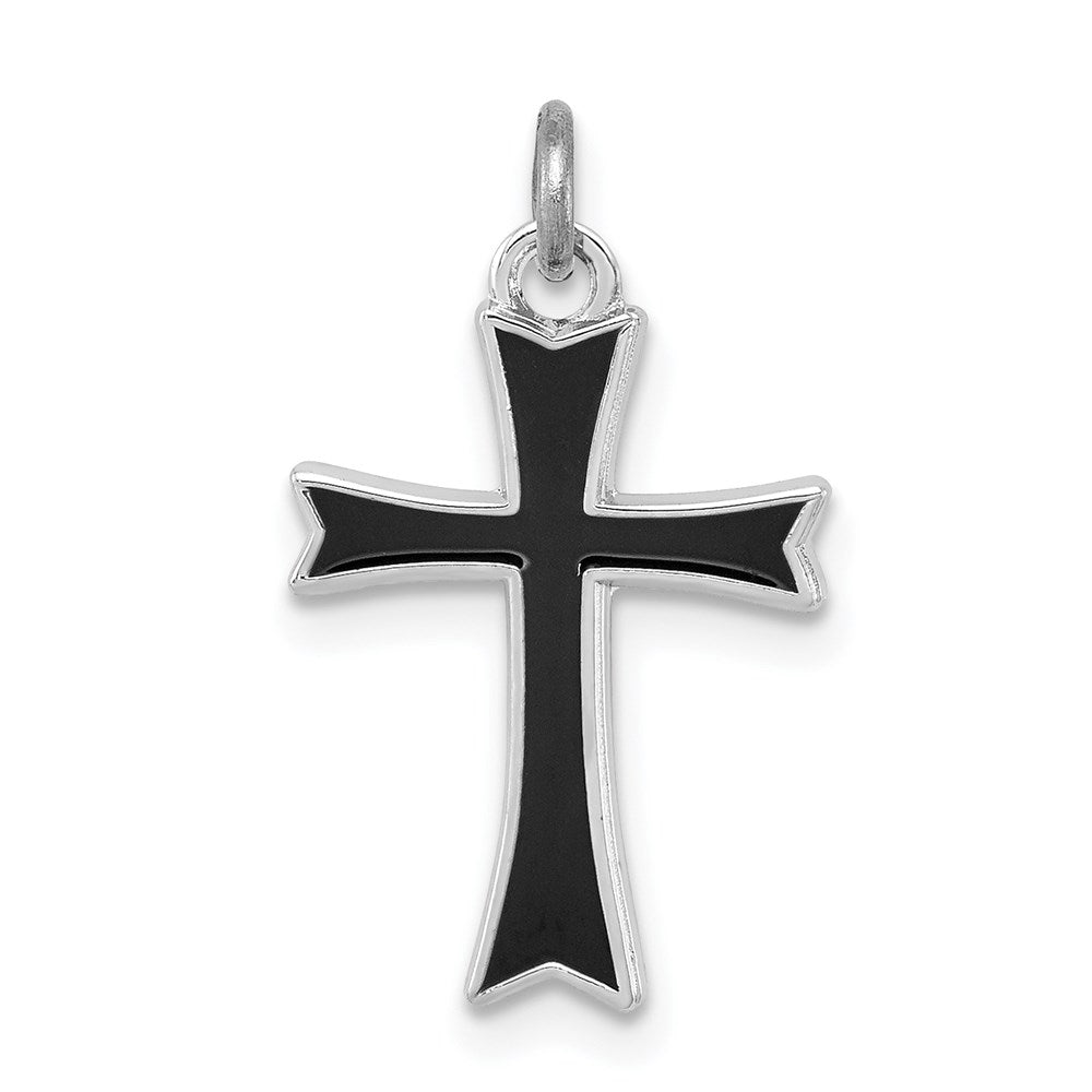 Sterling Silver Rhodium-plated Black Enameled Cross Charm QC3230