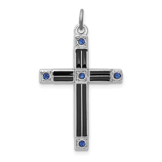 Sterling Silver Rhodium-plated Enameled & Blue CZ Cross Pendant QC3262