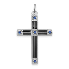 Sterling Silver Rhodium-plated Enameled & Blue CZ Cross Pendant QC3262