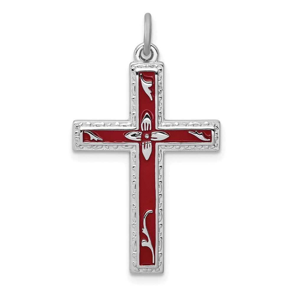 Sterling Silver Rhodium-plated Red Enameled Cross Pendant QC3263