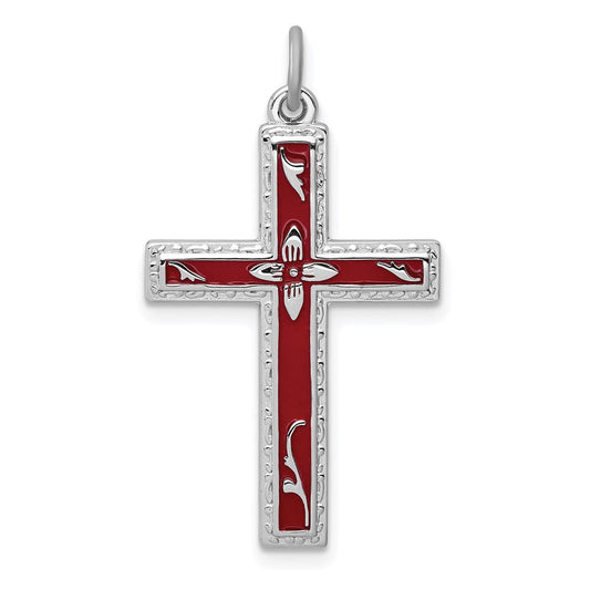 Sterling Silver Rhodium-plated Red Enameled Cross Pendant QC3263
