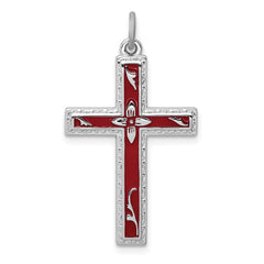 Sterling Silver Rhodium-plated Red Enameled Cross Pendant QC3263