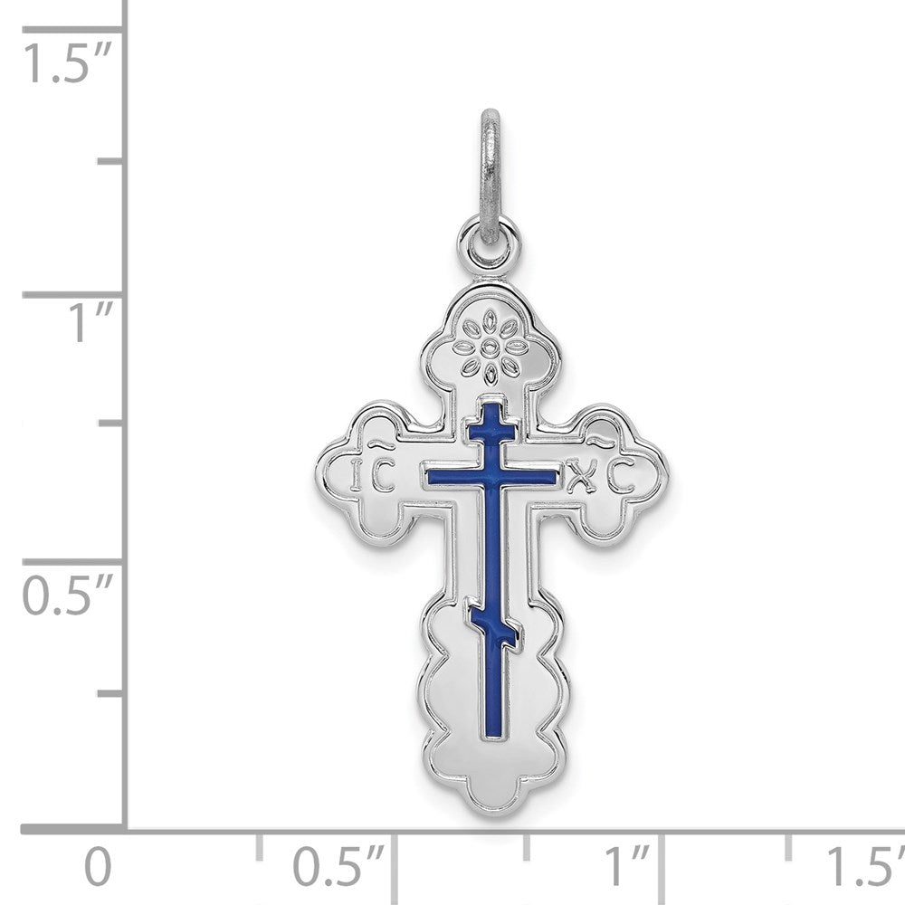 Sterling Silver Rhodium-plated Eastern Orthodox Blue Enamel Cross Pendant QC3372