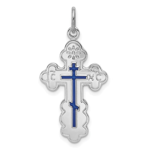 Sterling Silver Rhodium-plated Eastern Orthodox Blue Enamel Cross Pendant QC3372