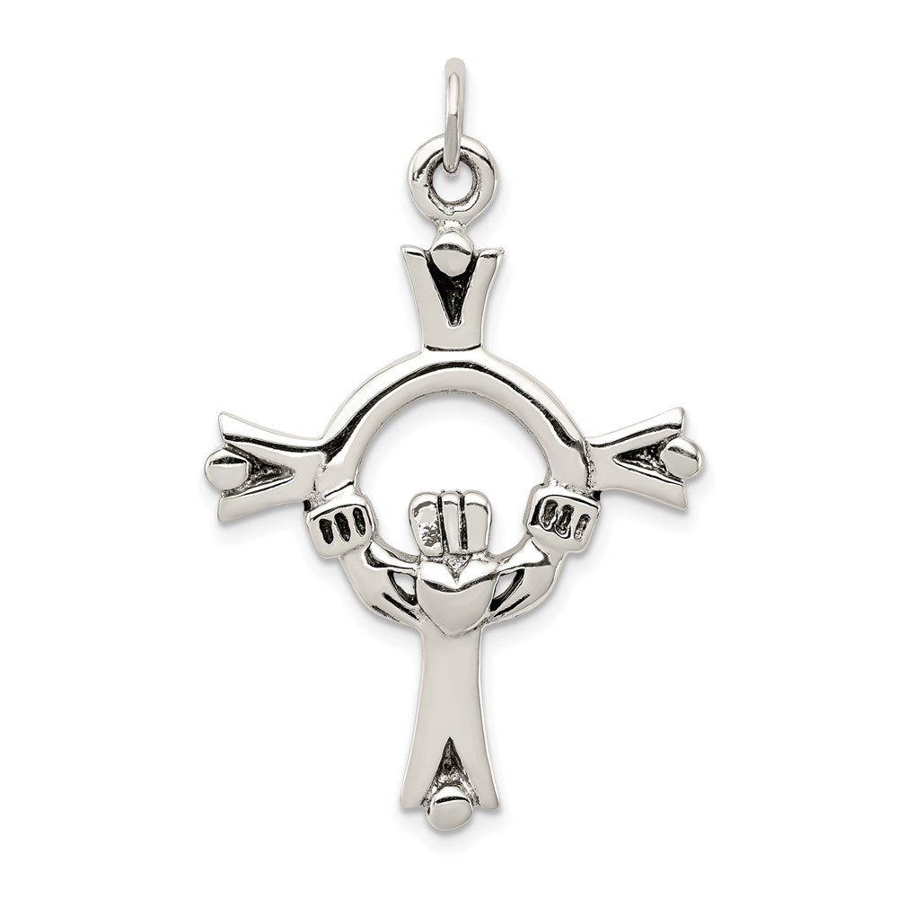 Sterling Silver Antiqued Claddagh Cross Charm QC3378