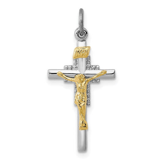 Sterling Silver Rhodium-plated & Vermeil INRI Crucifix Charm QC3385