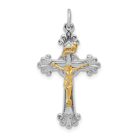 Sterling Silver Rhodium-plated & Vermeil INRI Crucifix Charm QC3427