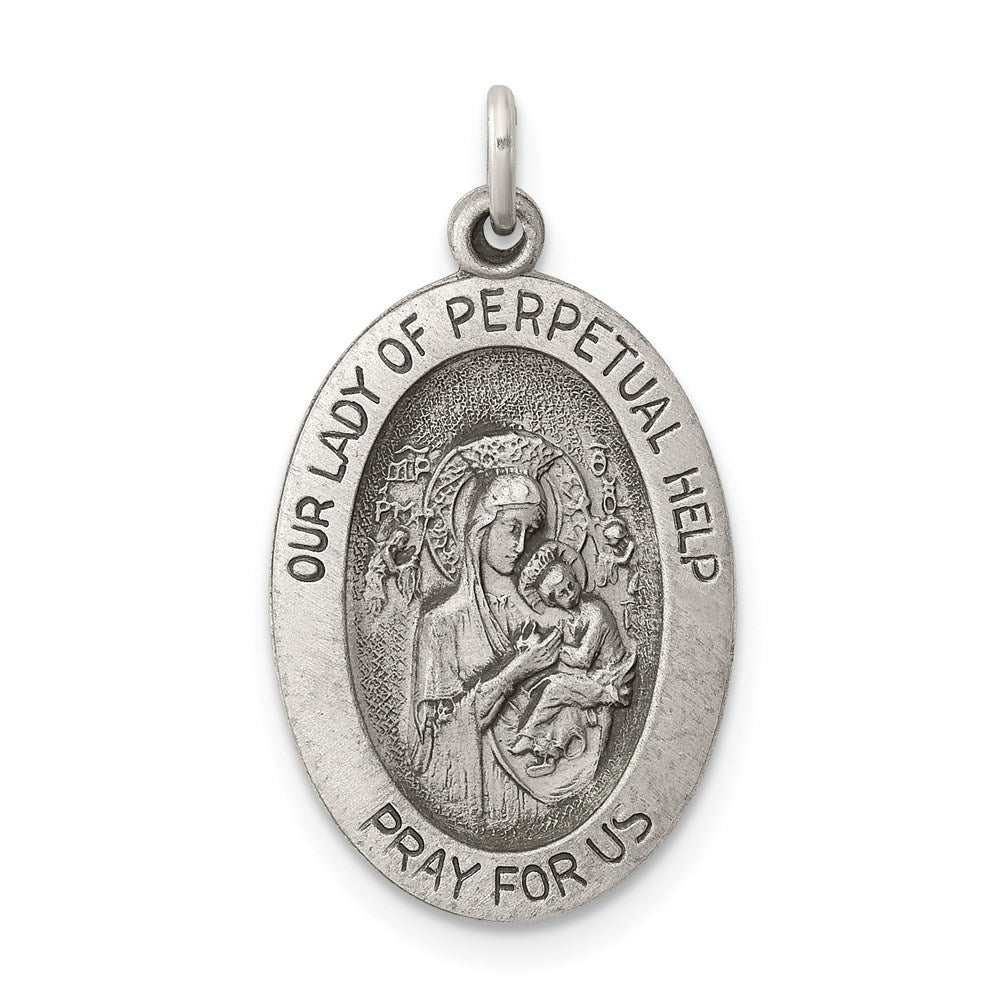 Sterling Silver Antiqued Our Lady of Perpetual Help Oval Medal QC3514