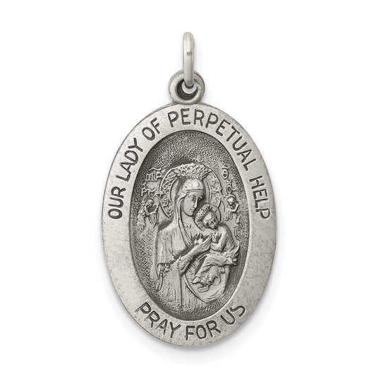 Sterling Silver Antiqued Our Lady of Perpetual Help Oval Medal QC3514