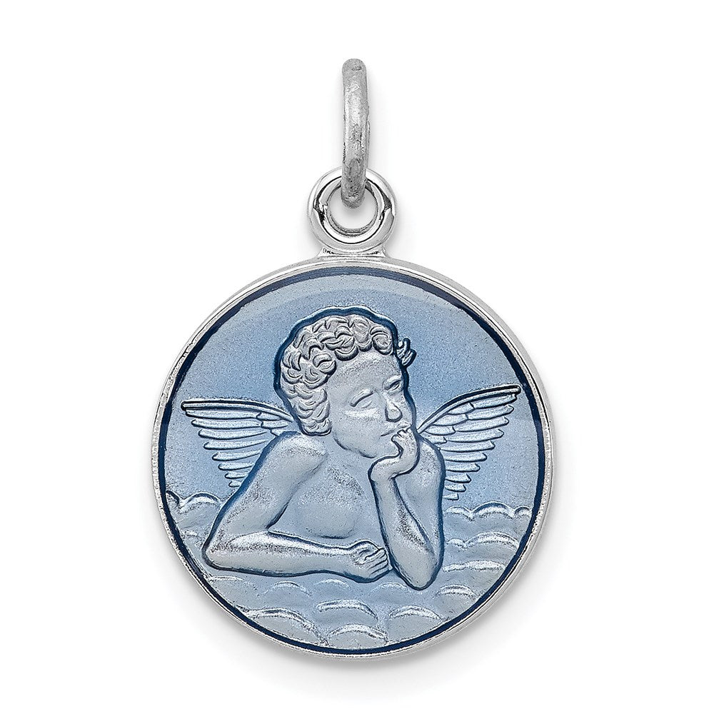 Sterling Silver Rhodium-plated Blue Epoxy Angel Charm QC3640