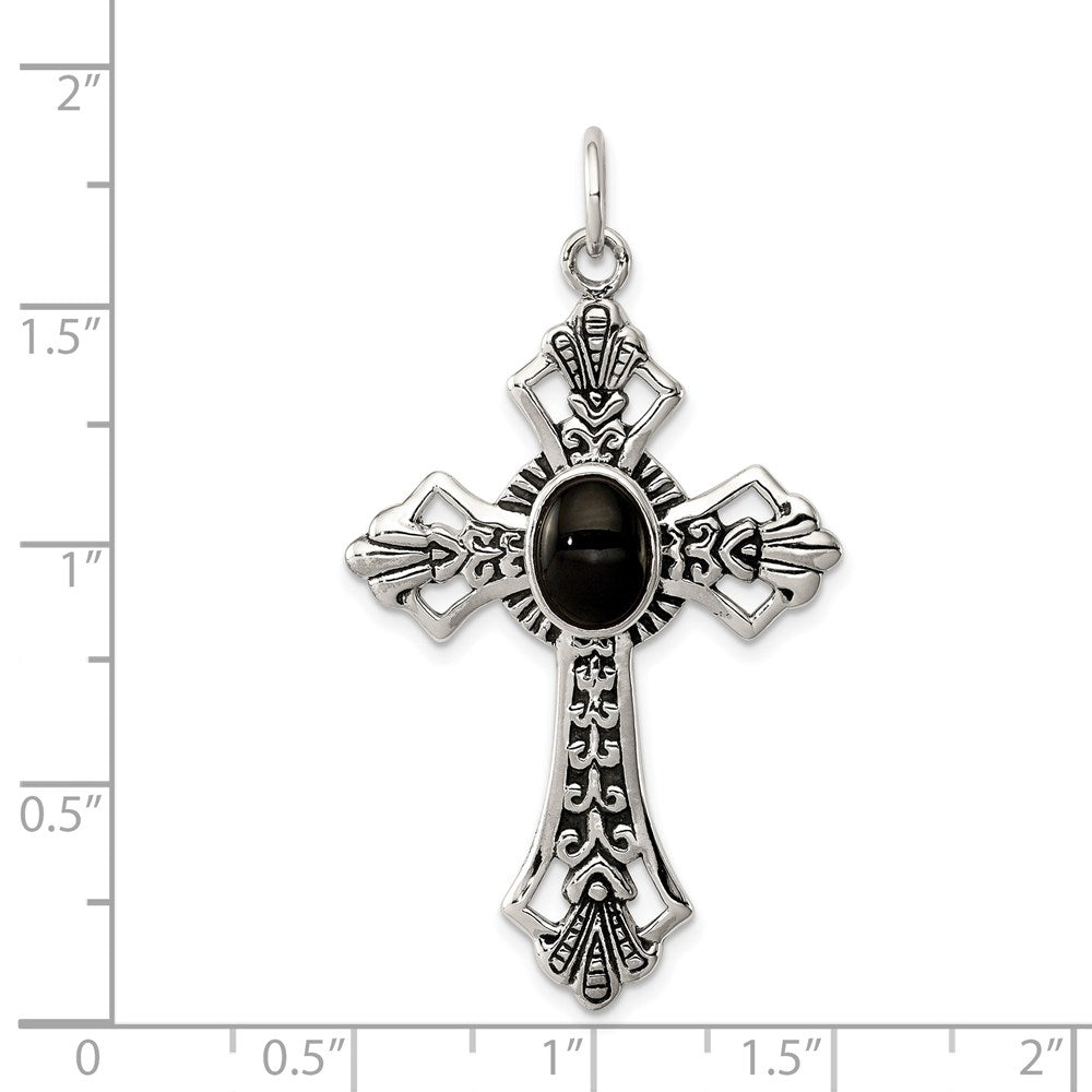 Sterling Silver Onyx Antiqued Cross Pendant QC410