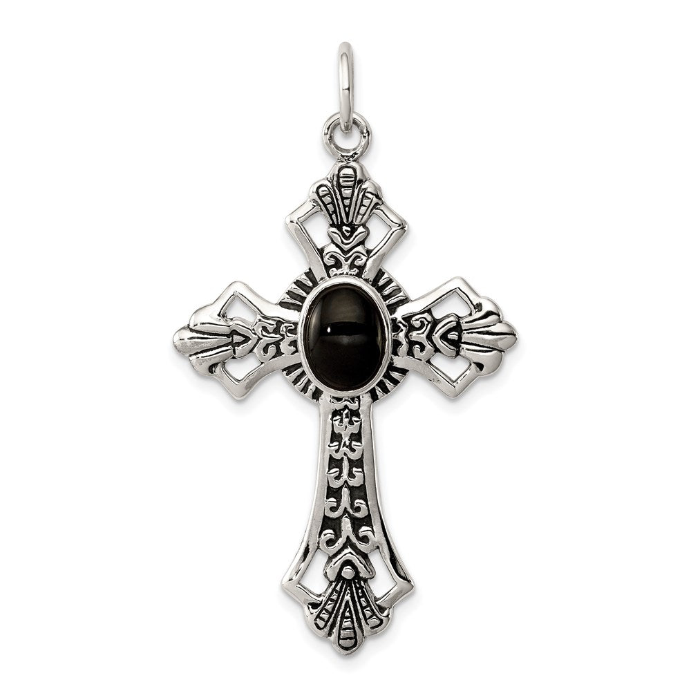 Sterling Silver Onyx Antiqued Cross Pendant QC410