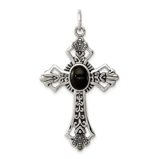 Sterling Silver Onyx Antiqued Cross Pendant QC410