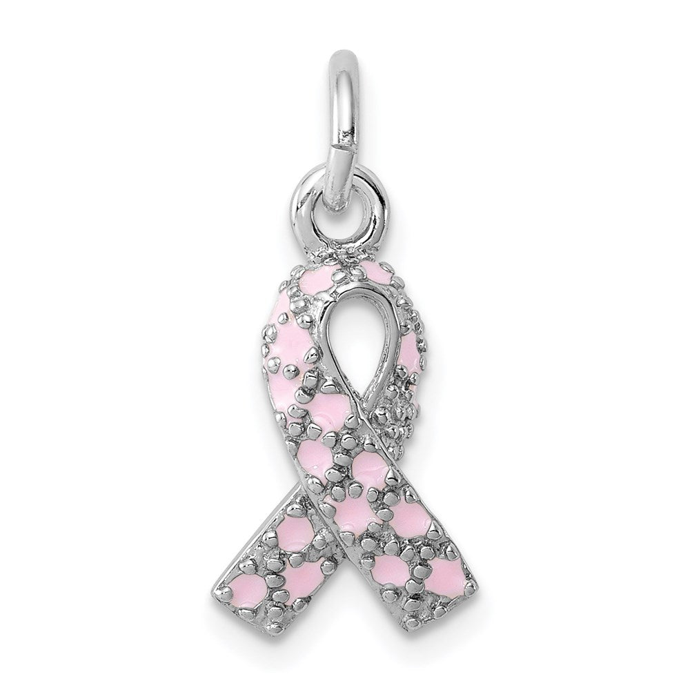 Sterling Silver Rhodium-plated Enameled Pink Ribbon Charm QC4181