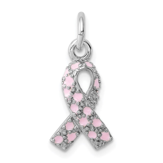 Sterling Silver Rhodium-plated Enameled Pink Ribbon Charm QC4181