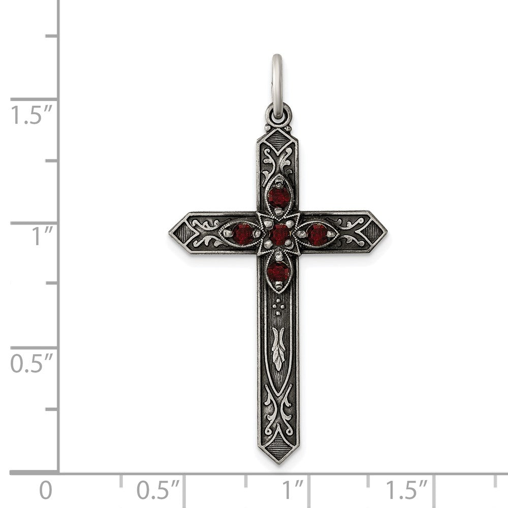 Sterling Silver Antiqued January Glass Birthstone Cross Pendant QC4328