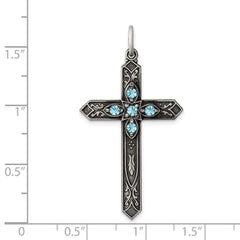 Sterling Silver Antiqued March Glass Birthstone Cross Pendant QC4330