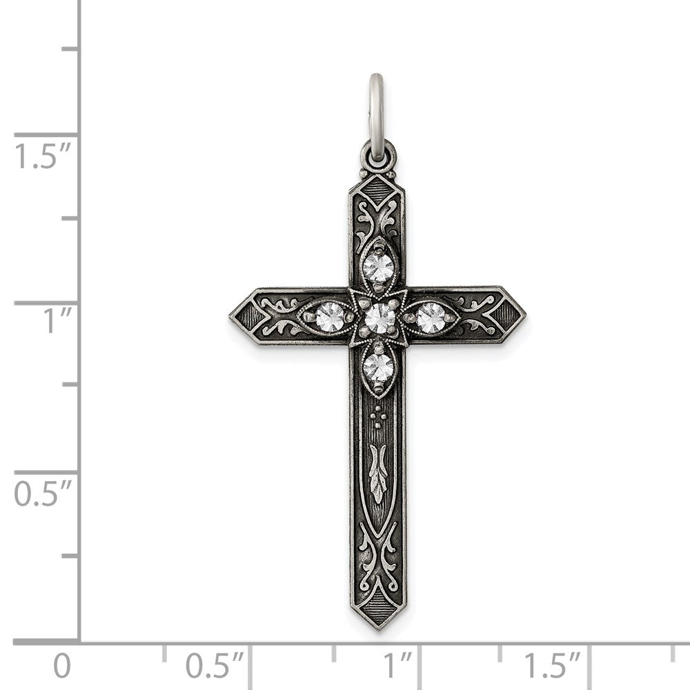 Sterling Silver Antiqued April Glass Birthstone Cross Pendant QC4331