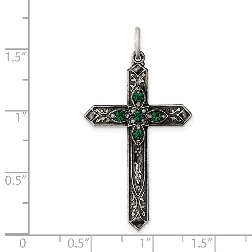 Sterling Silver Antiqued May Glass Birthstone Cross Pendant QC4332