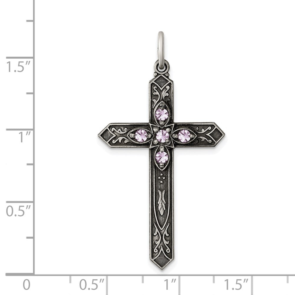 Sterling Silver Antiqued June Glass Birthstone Cross Pendant QC4333