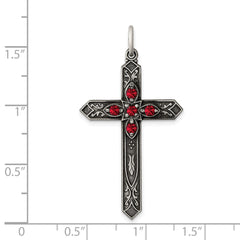Sterling Silver Red Glass July Birthstone Antiqued Cross Pendant QC4334
