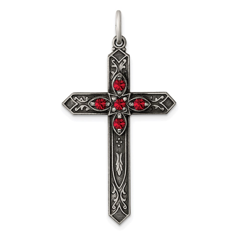 Sterling Silver Red Glass July Birthstone Antiqued Cross Pendant QC4334