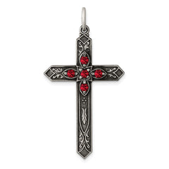 Sterling Silver Red Glass July Birthstone Antiqued Cross Pendant QC4334
