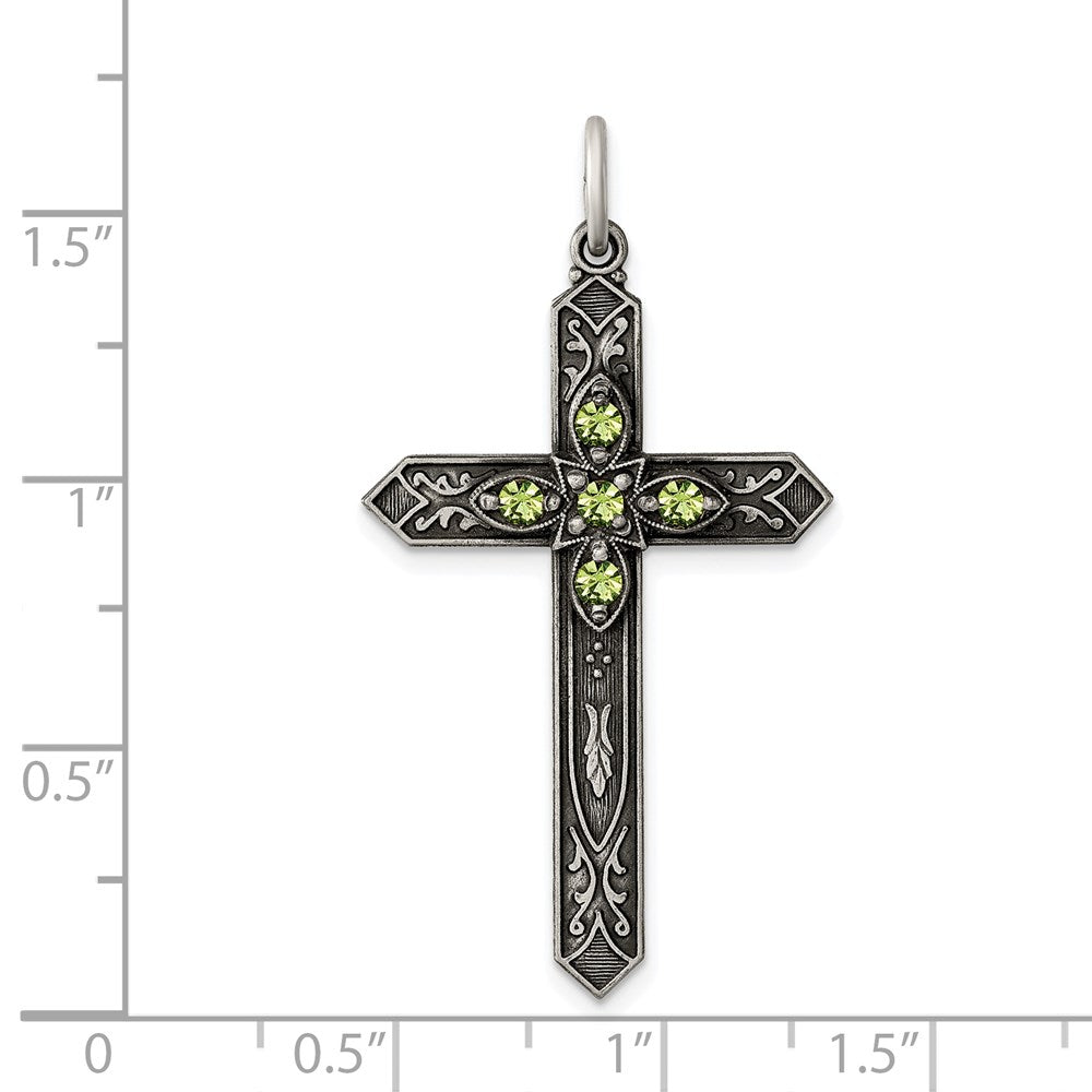 Sterling Silver Antiqued August Glass Birthstone Cross Pendant QC4335
