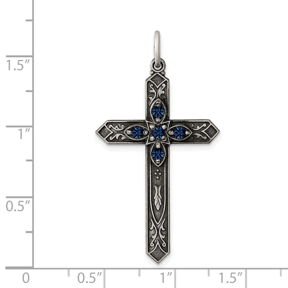 Sterling Silver Antiqued September Glass Birthstone Cross Pendant QC4336
