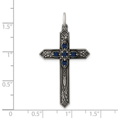 Sterling Silver Antiqued September Glass Birthstone Cross Pendant QC4336