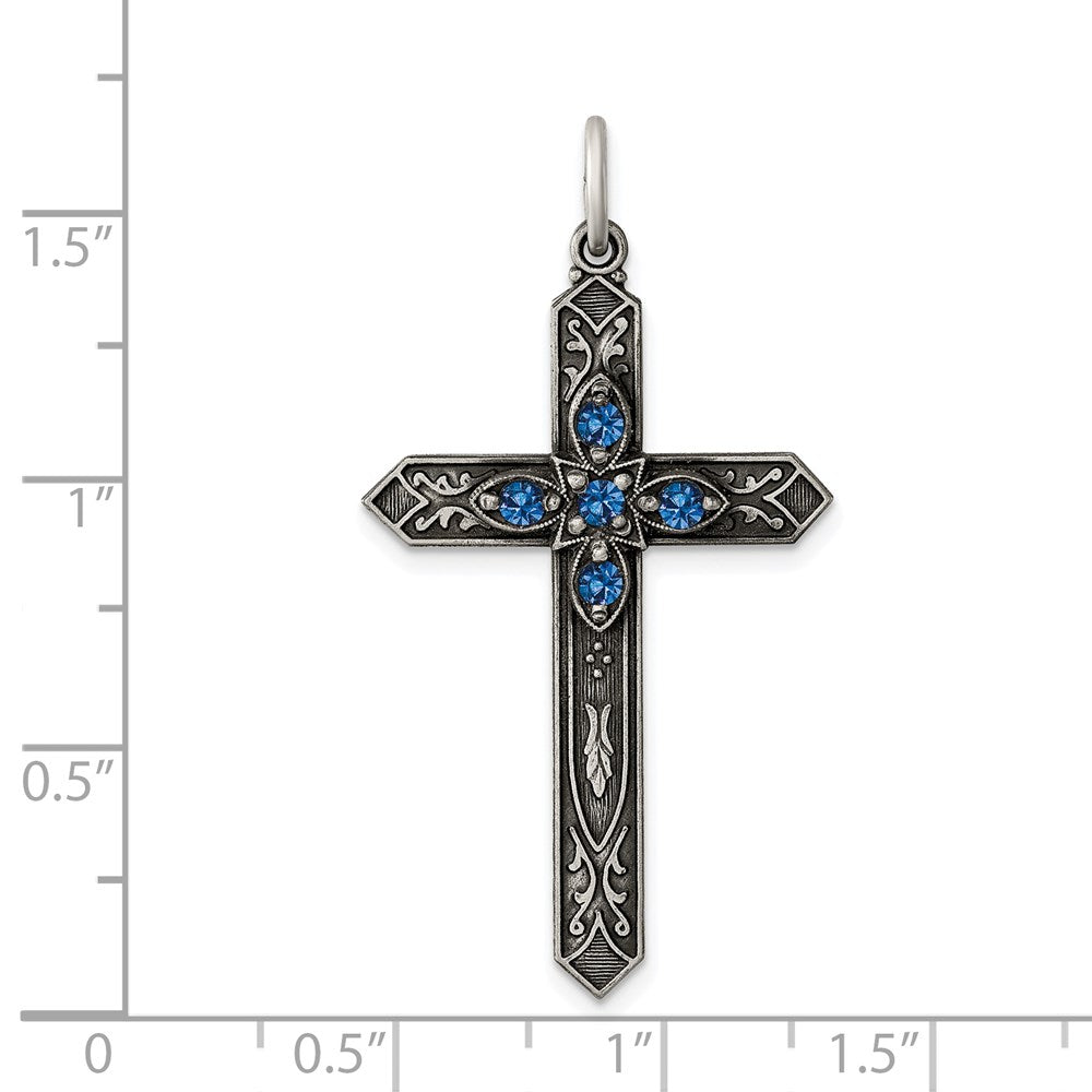 Sterling Silver Antiqued December Glass Birthstone Cross Pendant QC4339