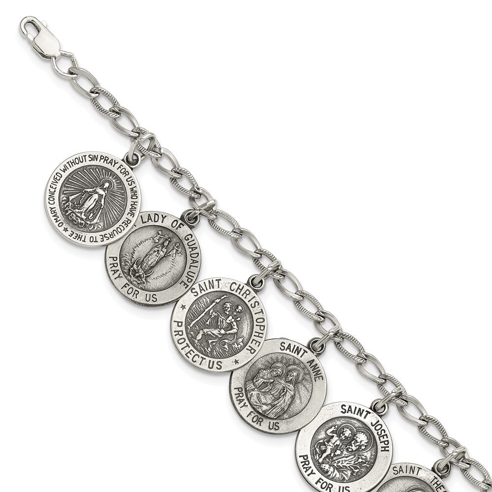 Sterling Silver Antiqued 12 Saints 8in Bracelet QC4383