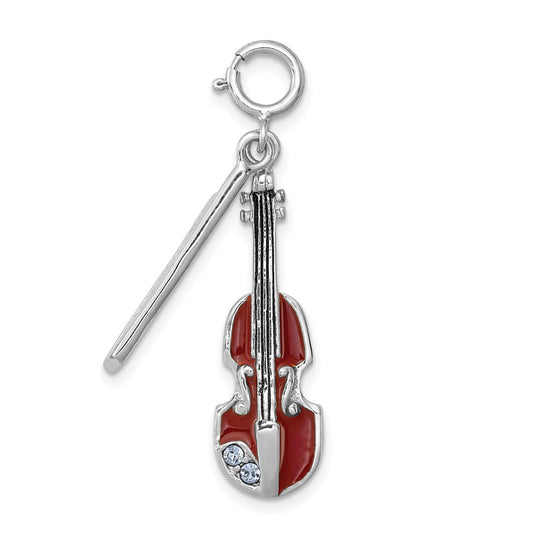 Sterling Silver Rhodium-plated Enameled & Preciosa Crystal Violin Charm QC4768