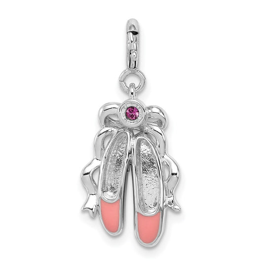 Sterling Silver Rhodium-plated Pink Enameled Ballet Slippers Charm QC4771