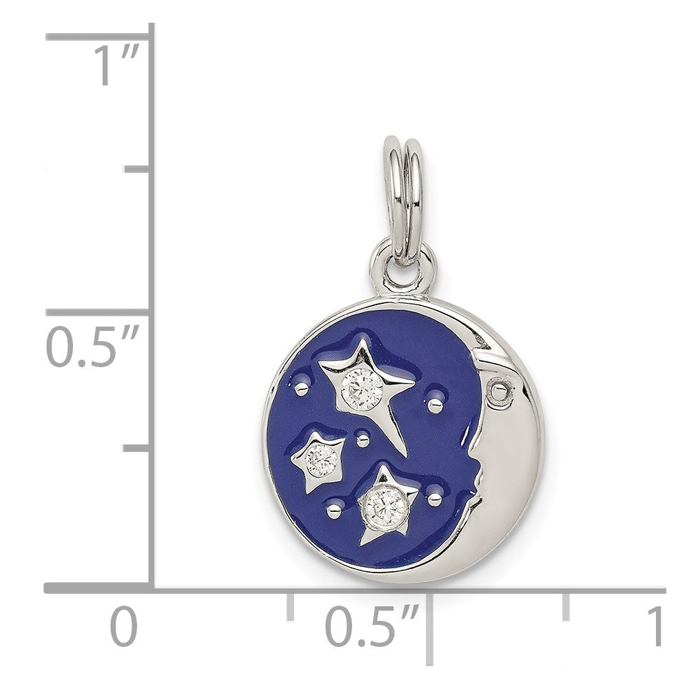 Sterling Silver Rhodium-plated Enameled and CZ Moon and Star Charm QC4806