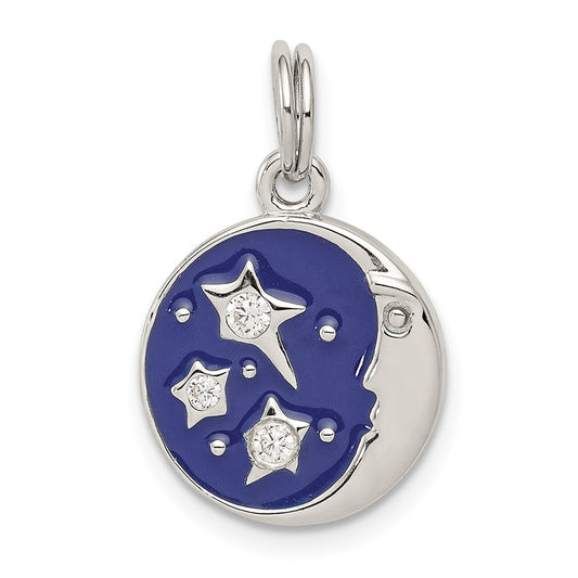 Sterling Silver Rhodium-plated Enameled and CZ Moon and Star Charm QC4806
