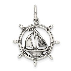 Sterling Silver Antiqued Sailboat in Wheel Charm QC4965