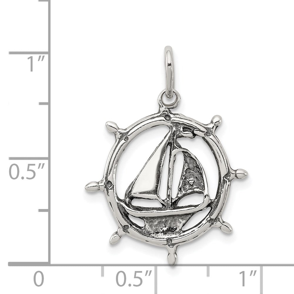 Sterling Silver Antiqued Sailboat in Wheel Charm QC4965