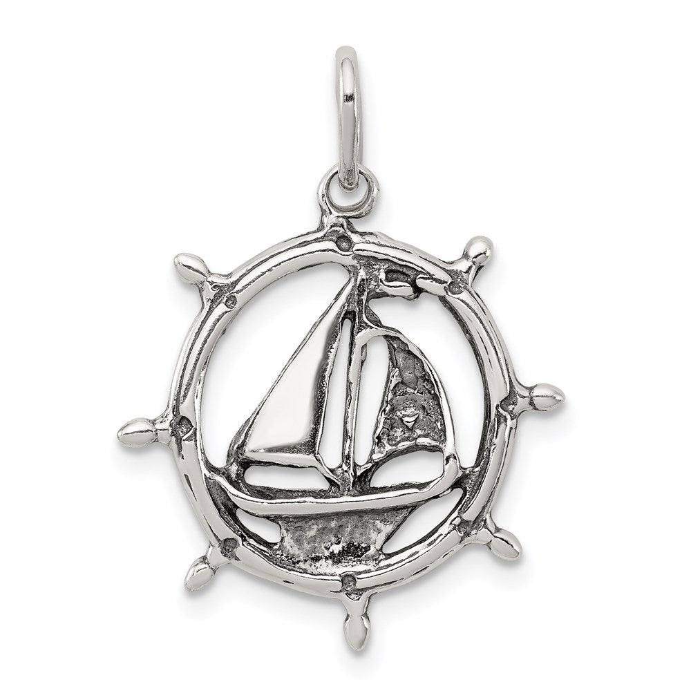 Sterling Silver Antiqued Sailboat in Wheel Charm QC4965