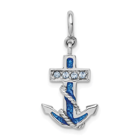 Sterling Silver Rhodium-plated Preciosa Crystals and Blue Enamel Anchor Charm QC4974