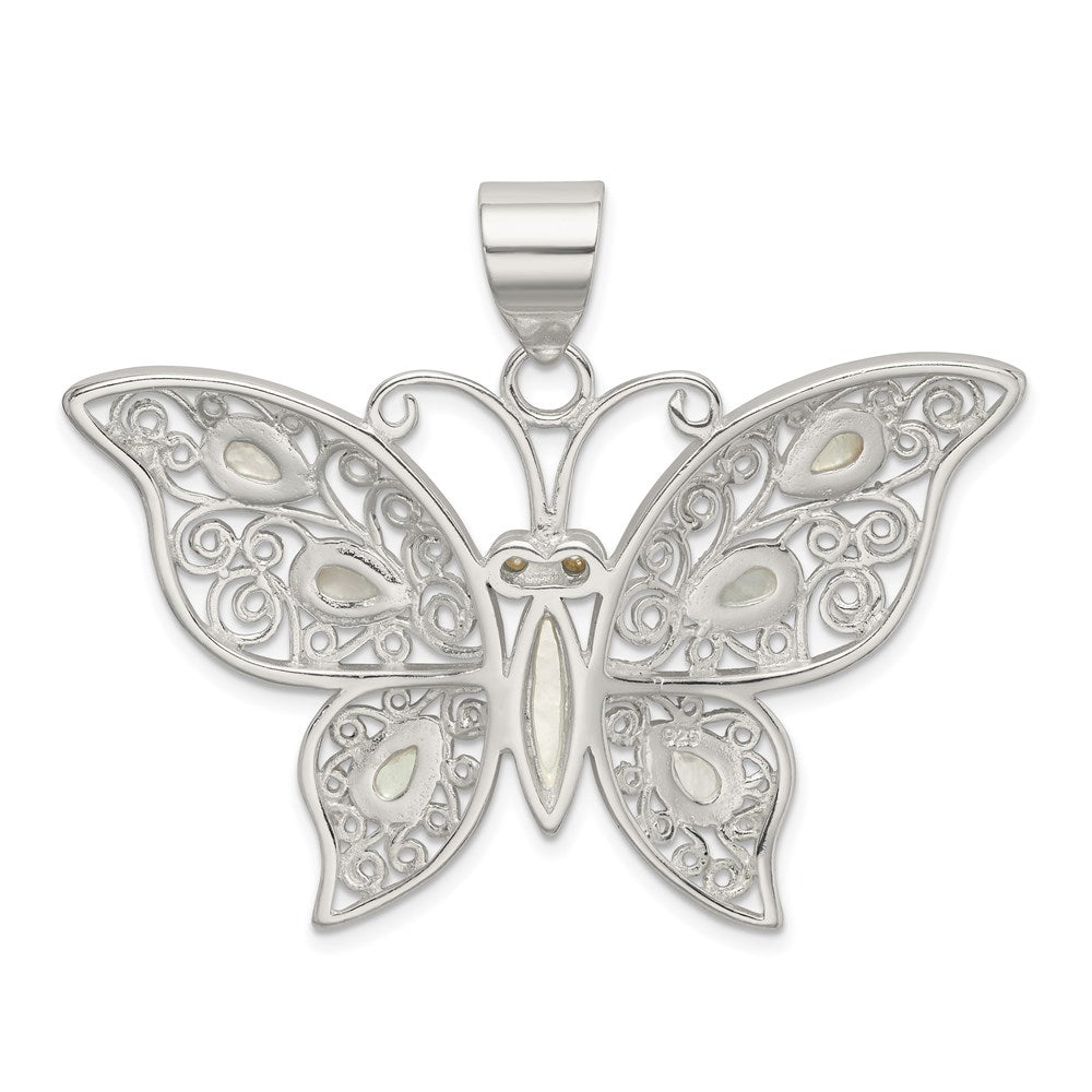 Sterling Silver Filigree Fancy Mother of Pearl Butterfly Pendant QC5004