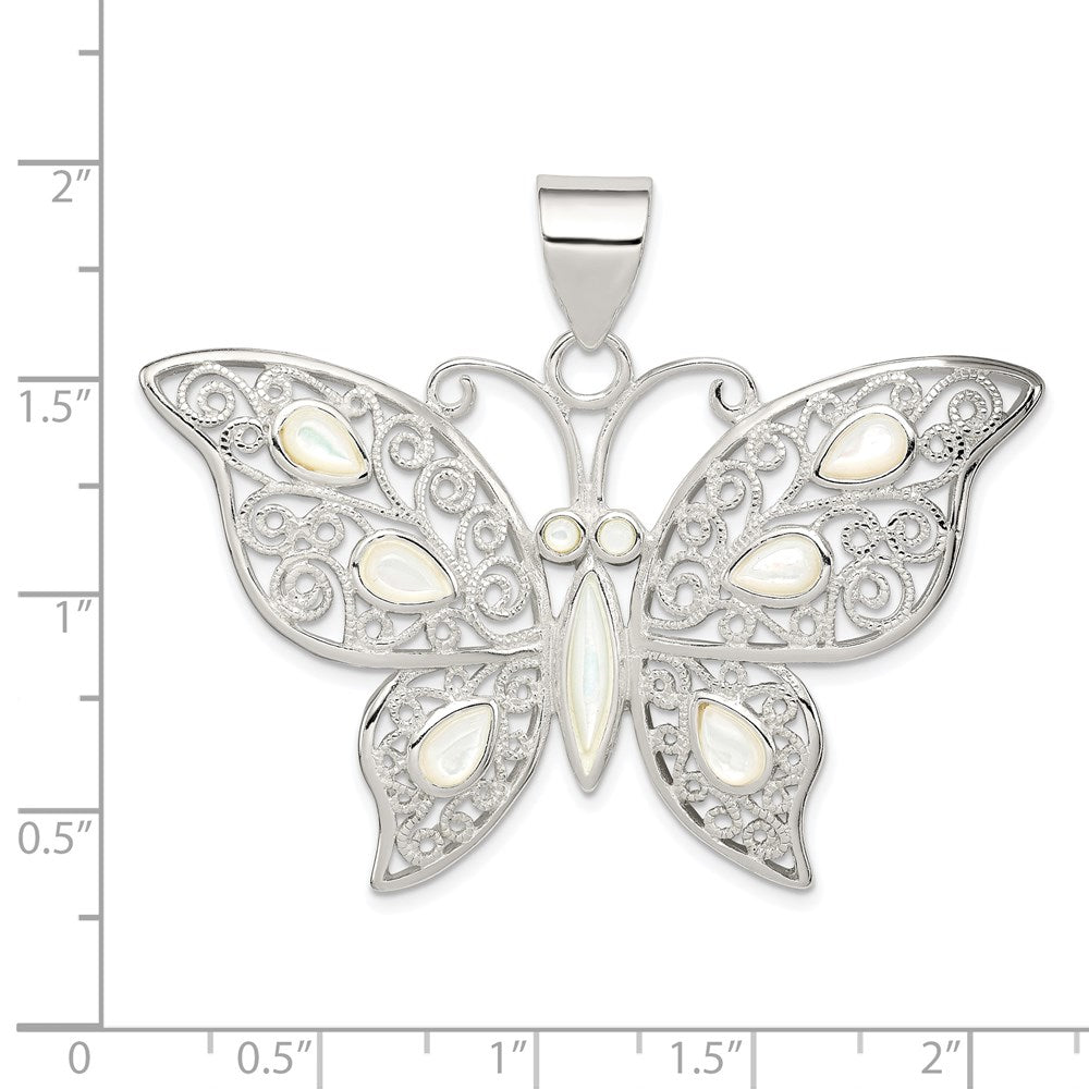Sterling Silver Filigree Fancy Mother of Pearl Butterfly Pendant QC5004