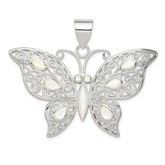 Sterling Silver Filigree Fancy Mother of Pearl Butterfly Pendant QC5004