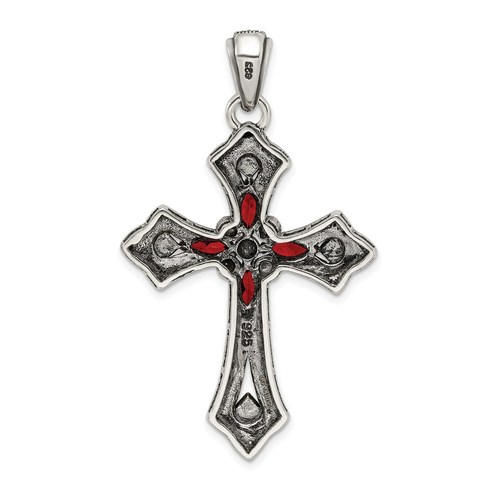 Sterling Silver Antiqued Red Marquise CZ Marcasite Cross Pendant QC5279