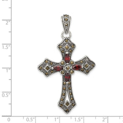 Sterling Silver Antiqued Red Marquise CZ Marcasite Cross Pendant QC5279