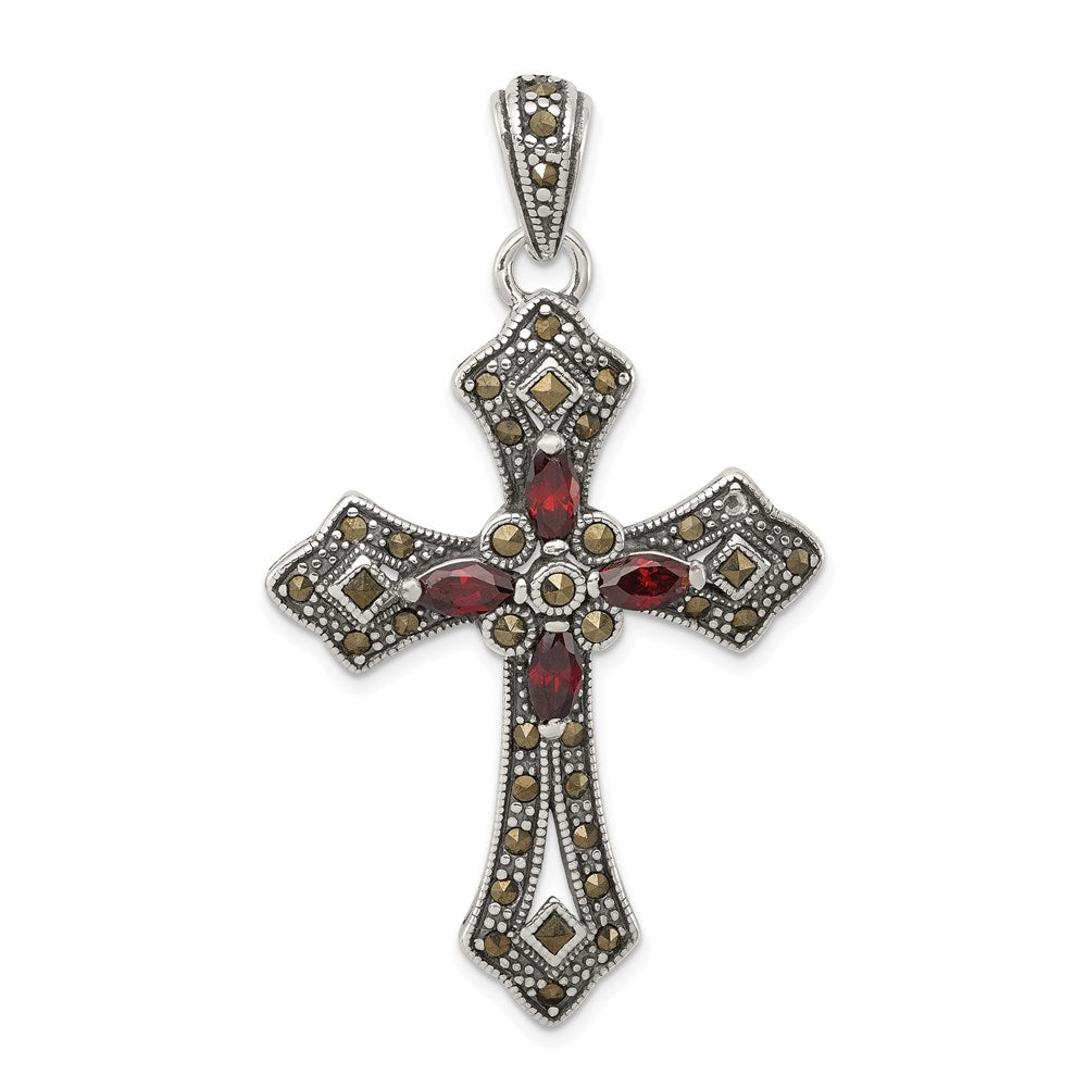 Sterling Silver Antiqued Red Marquise CZ Marcasite Cross Pendant QC5279